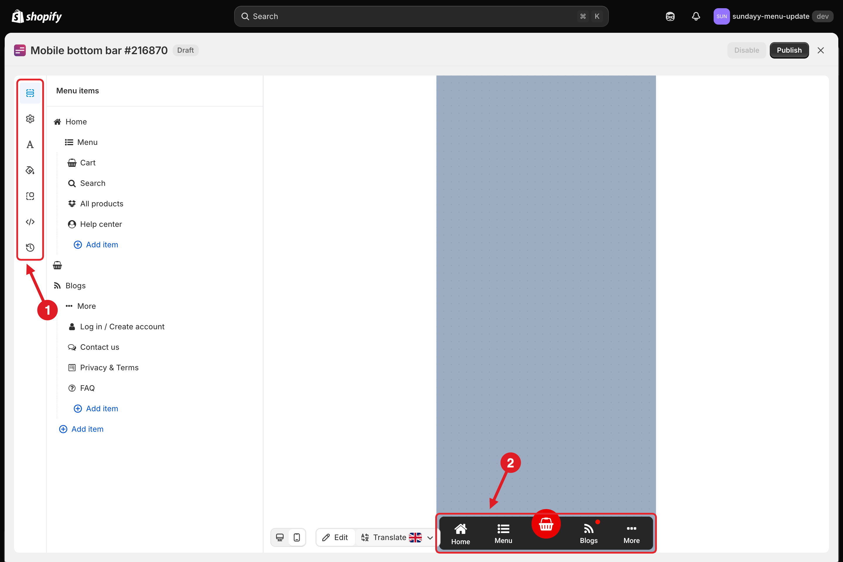 Bottom bar editor