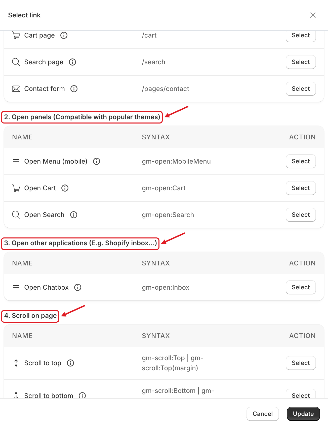 Select link – panels and scroll