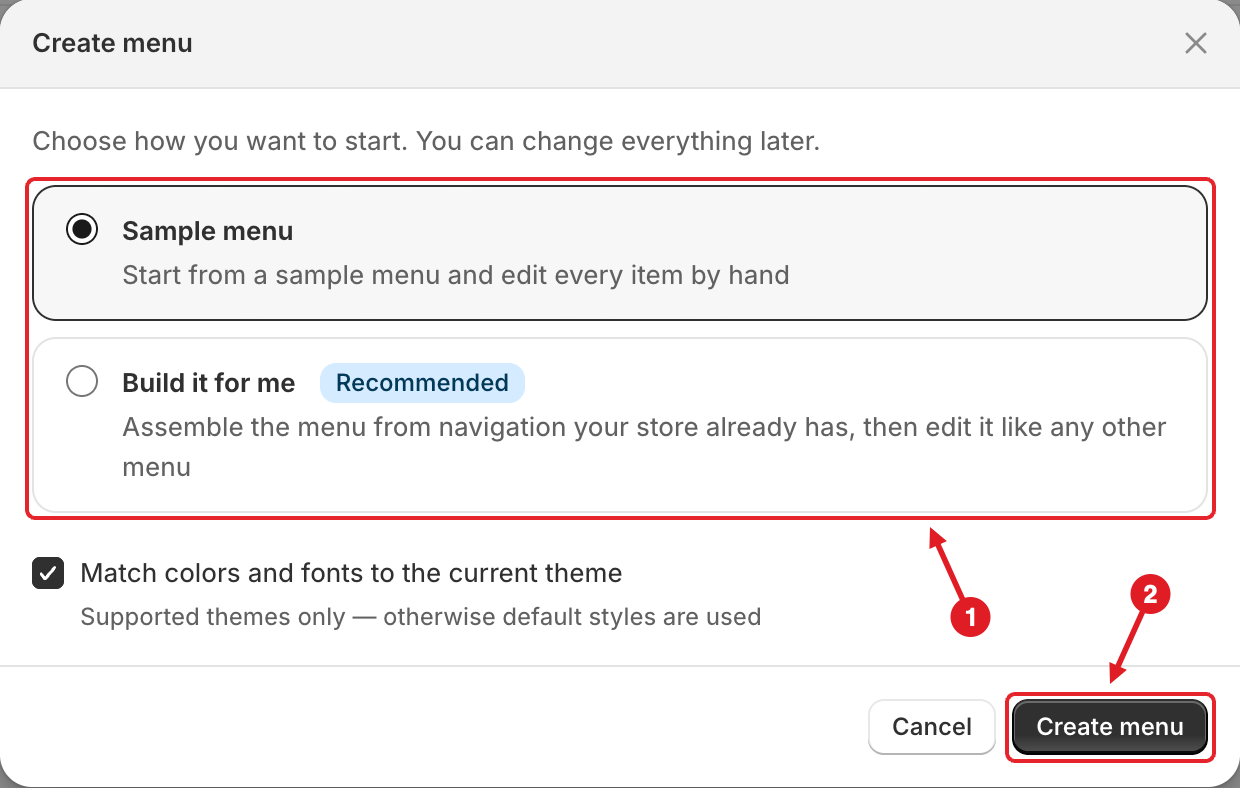 Create menu dialog