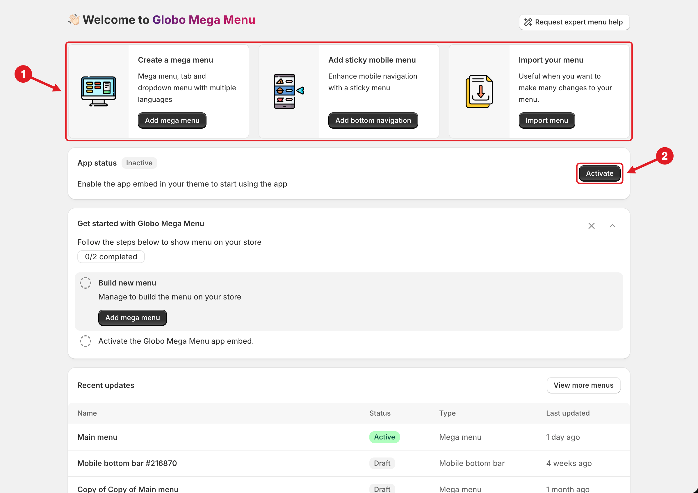 Home dashboard of Globo Mega Menu