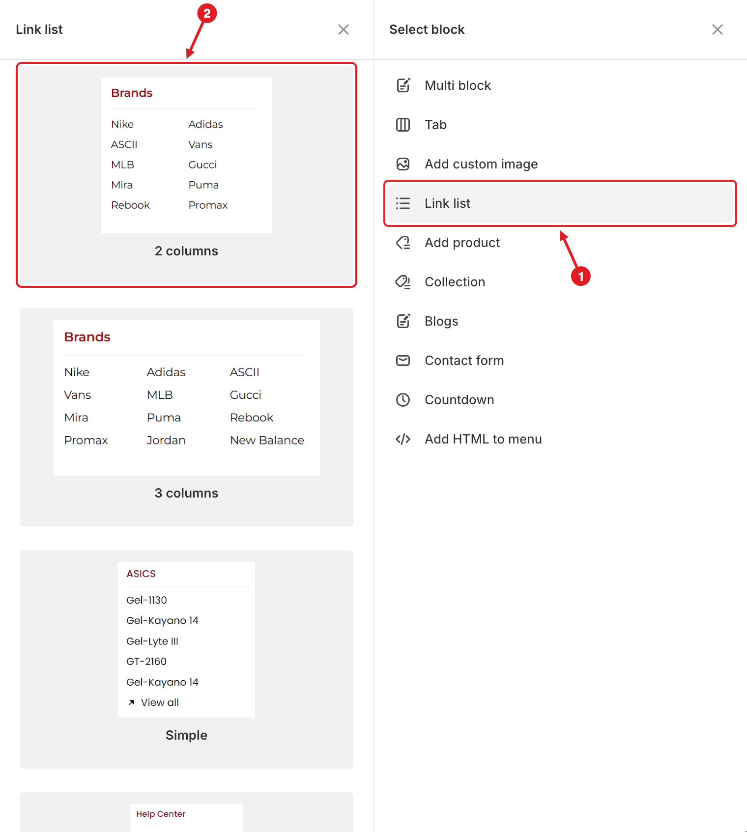 Link list layouts