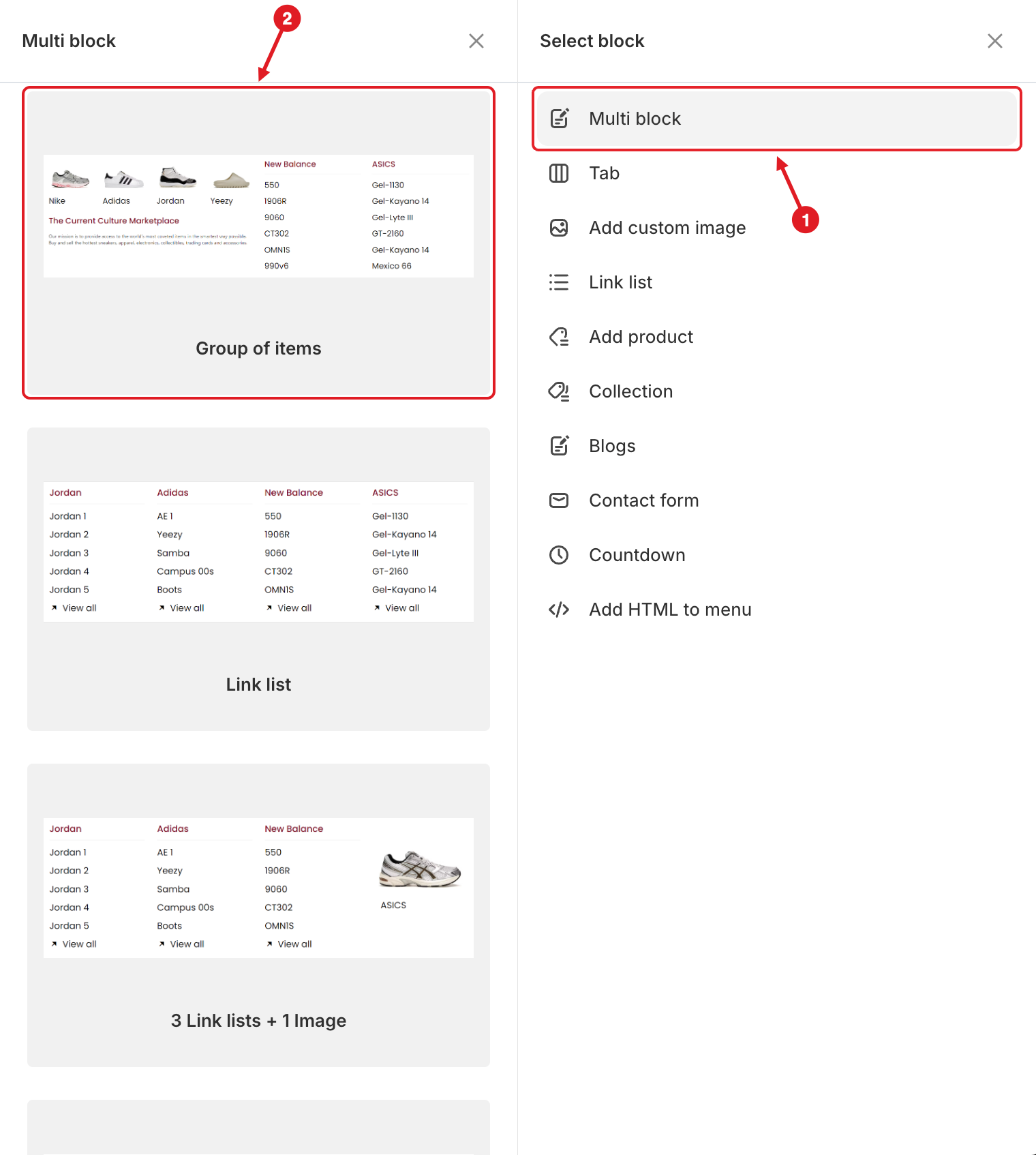 Select block panel: choose a group, then a layout