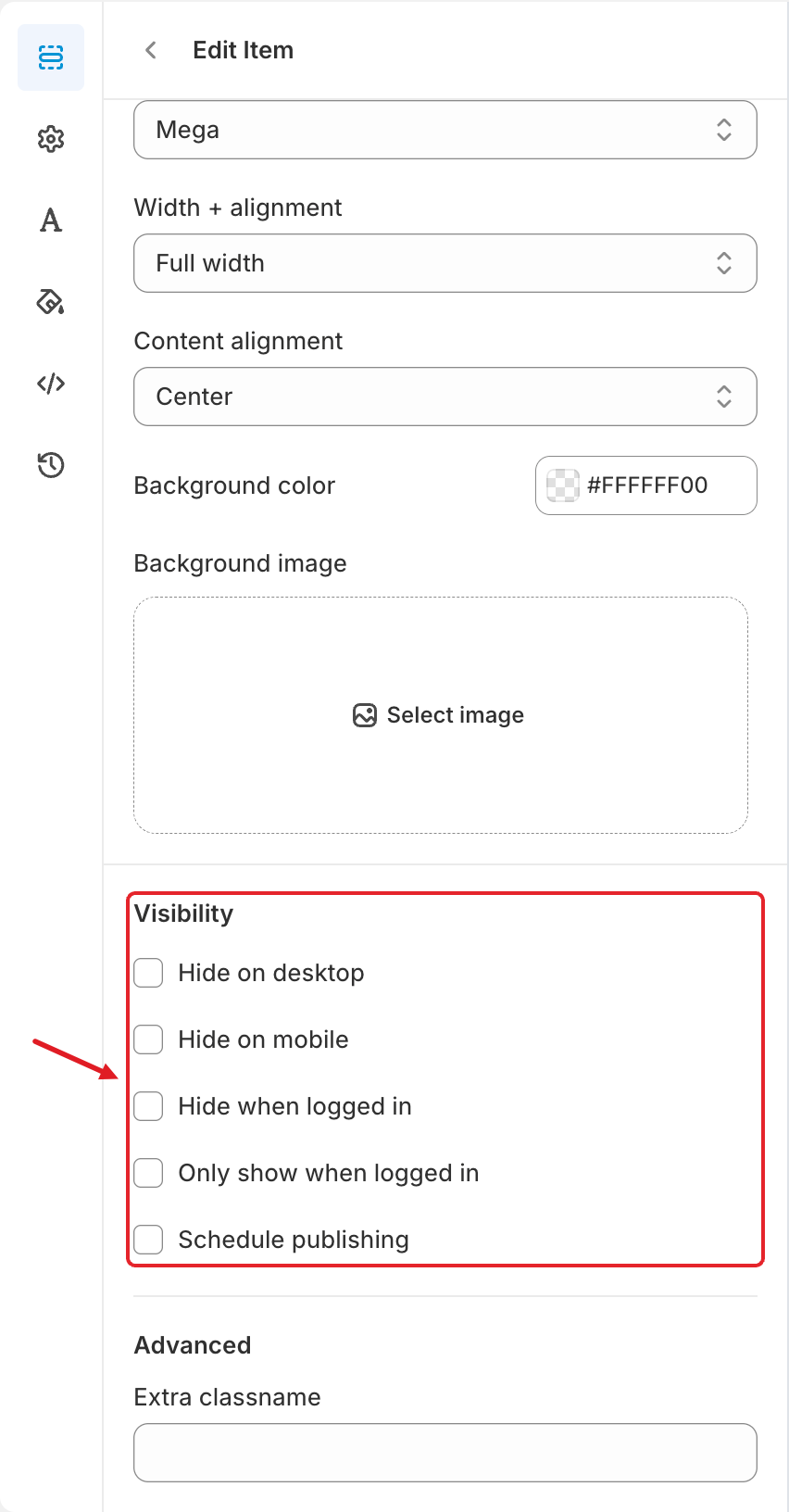 Visibility settings