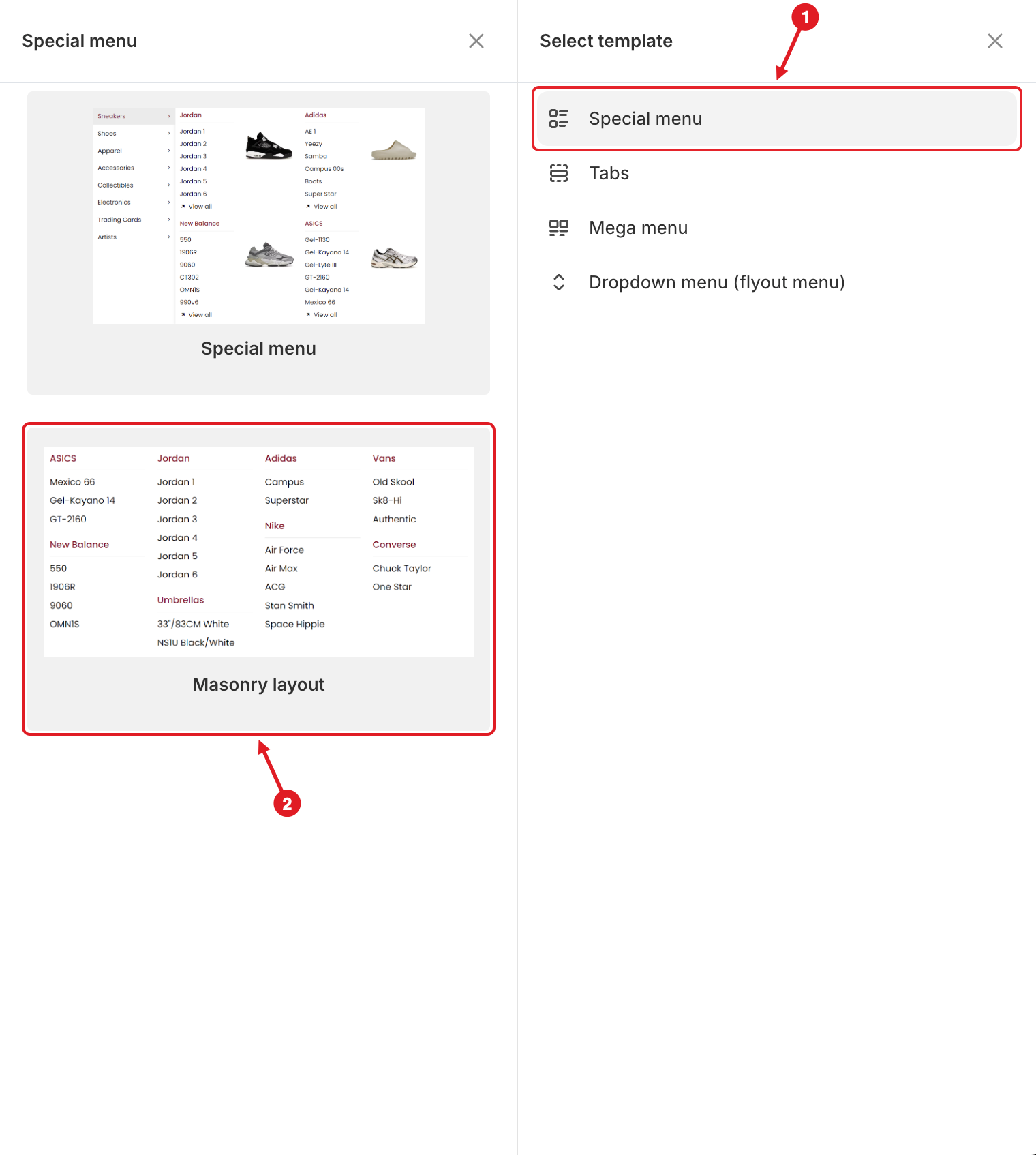 Special menu and Masonry layout
