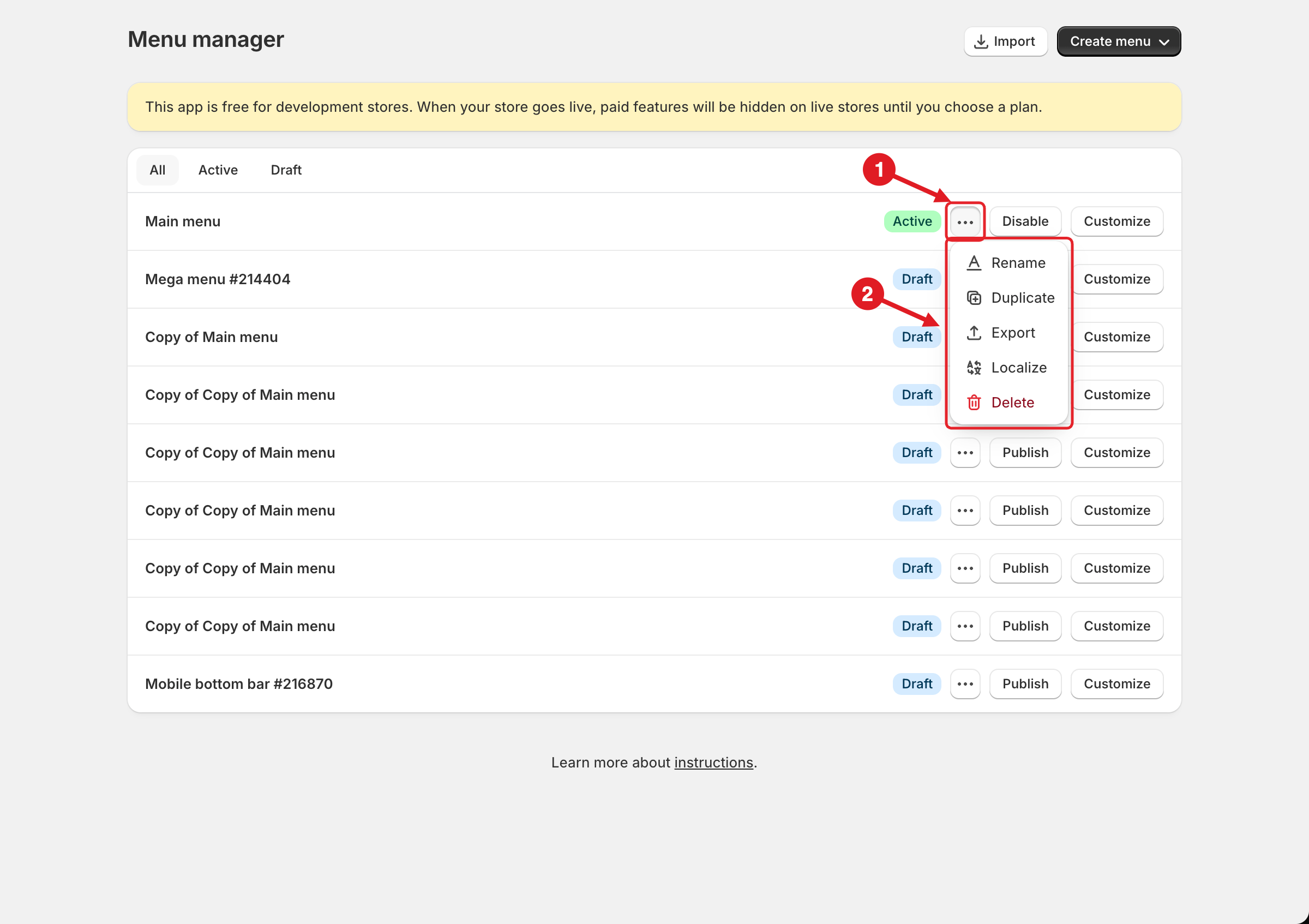 Menu actions
