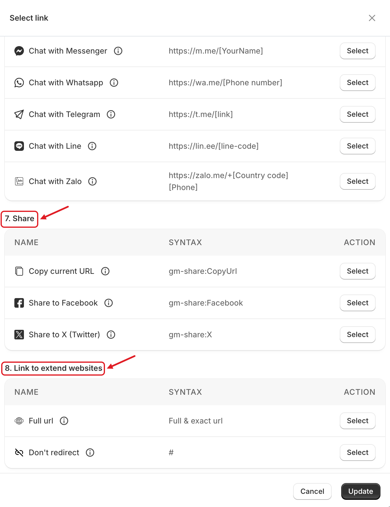 Select link – share and external