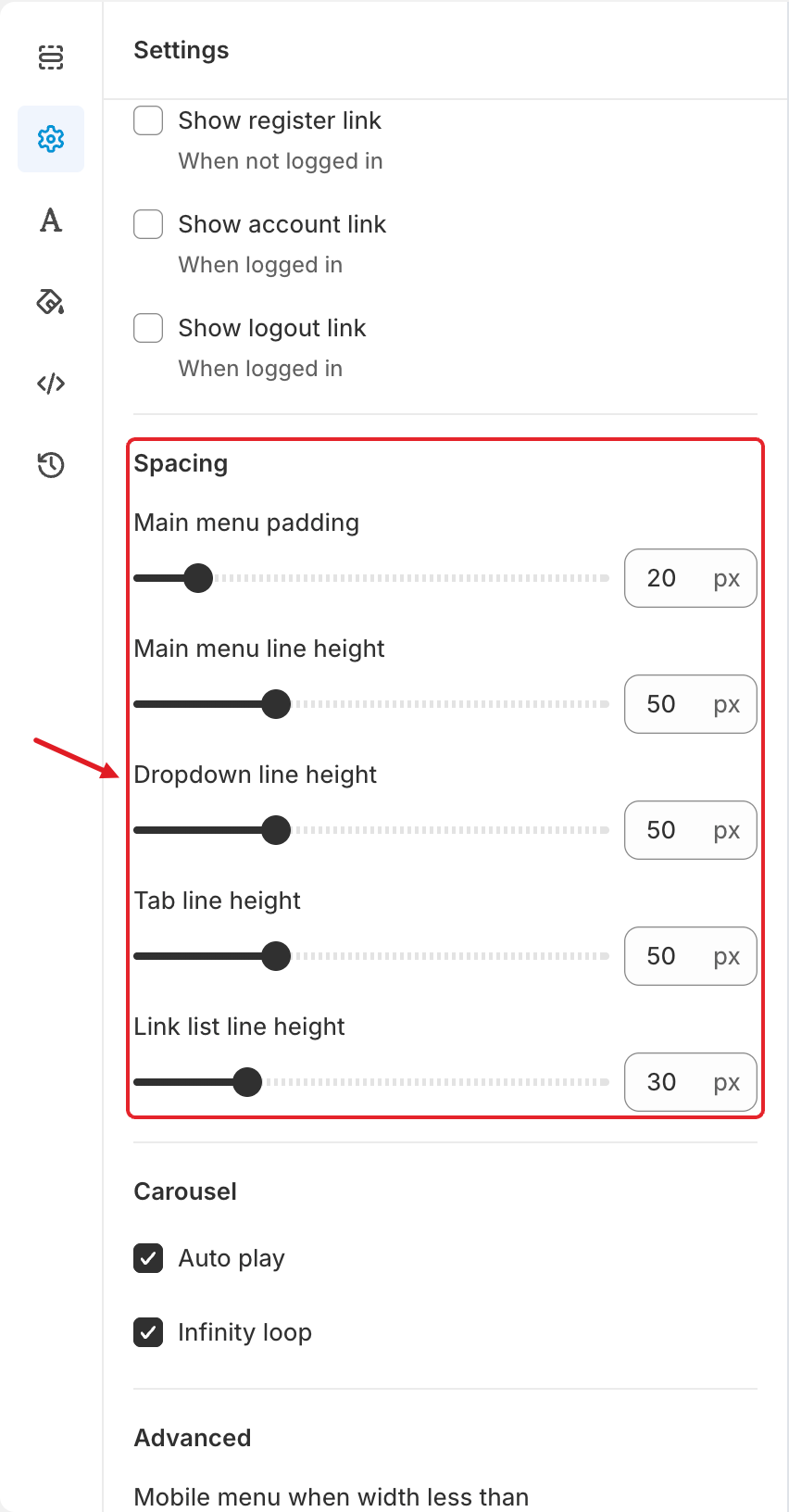 Account links, Spacing and Carousel