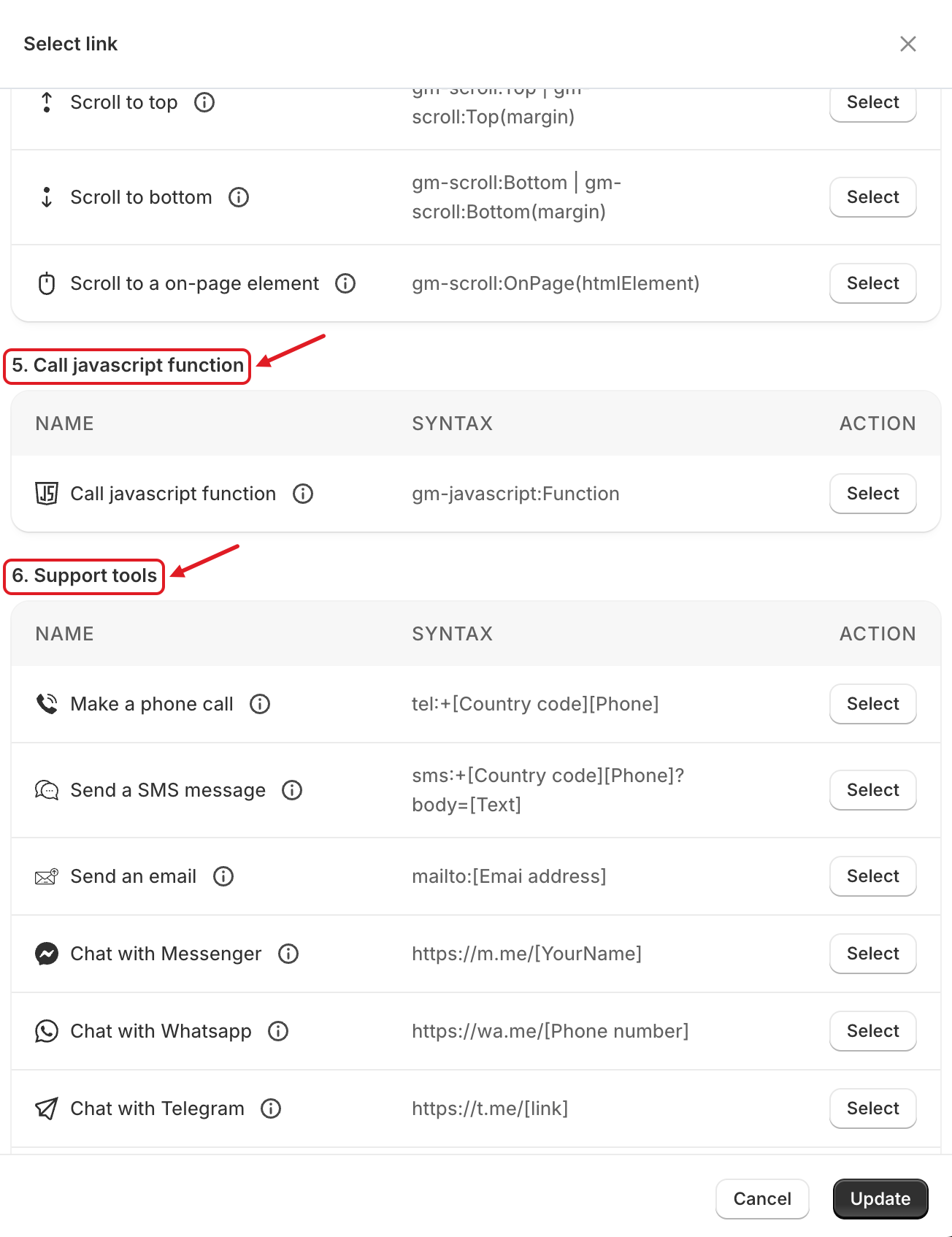 Select link – support tools